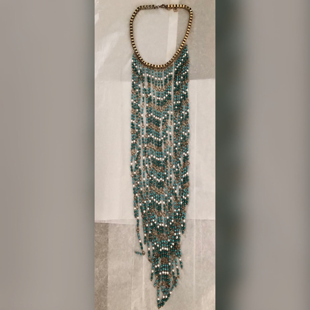 Gold, Turquoise, and White Beaded Necklace - Picture 3 of 5